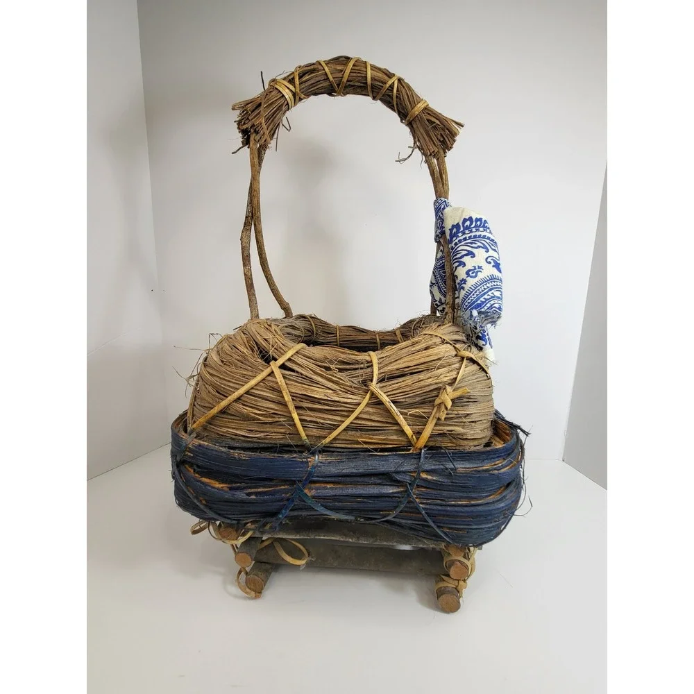 Vintage Asian Style Gathering Basket - Rustic Woven Harvest Decor Basket